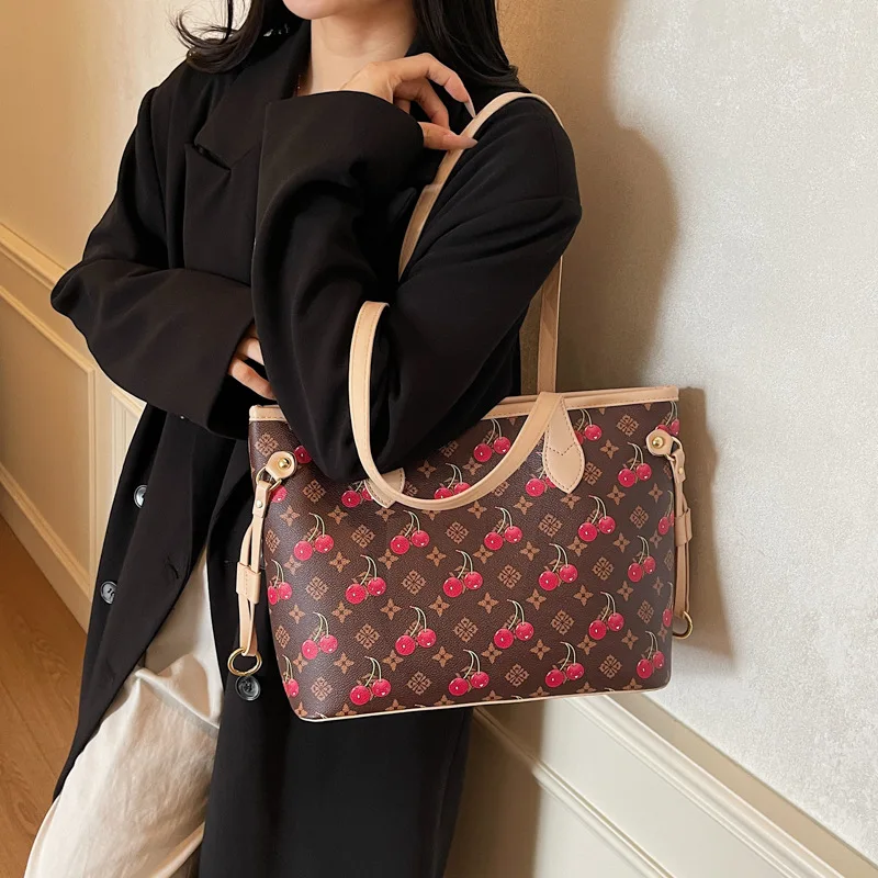 

2025 Denim Cherry Print Tote - Large-Capacity High Texture, Fashion Commuter Shoulder/Handheld Bag