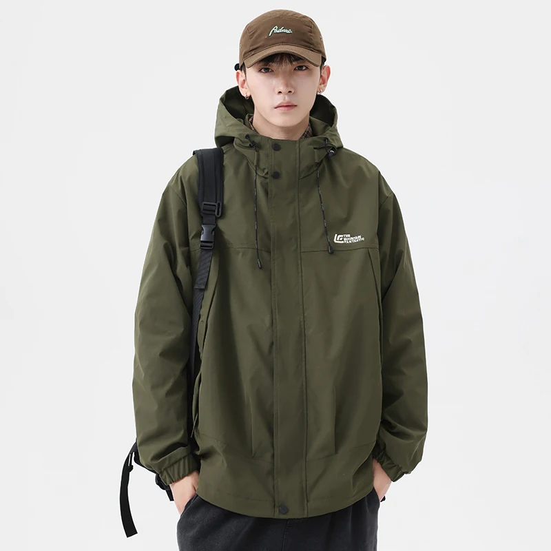 

Fall High-End Men's Outdoor Commuting Retro Mountain Series Hooded Jaet Loose Sli Trendy Workwear Coat Polyester Fiber