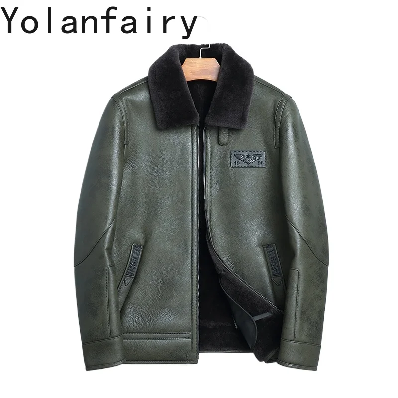 

YOLANFAIRY Мужская куртка из натурального овчины с мехом 2025, зимняя короткая теплая шуба из натуральной шерсти, мужские кожаные куртки армейского зеленого цвета