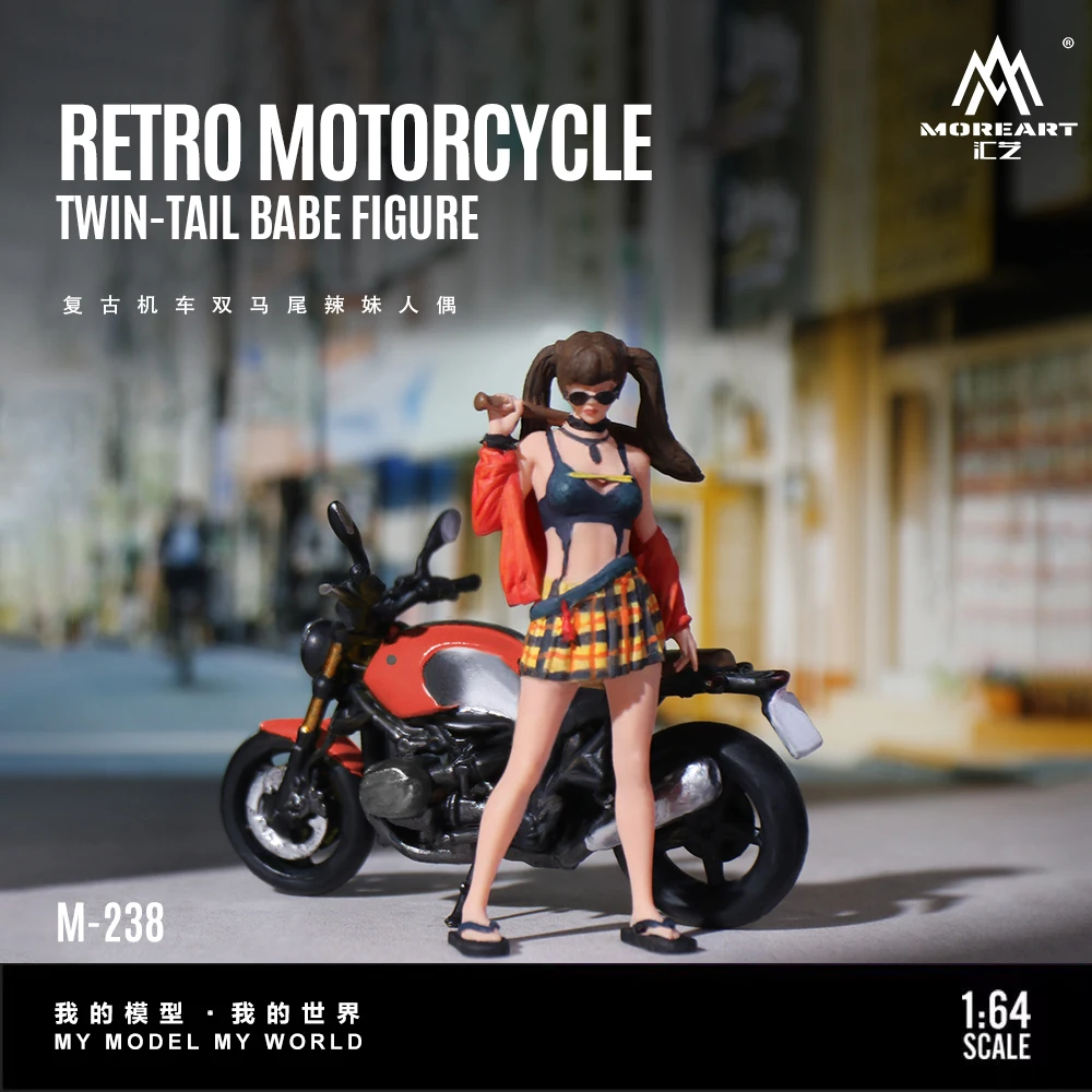 MoreArt 1:64 Retro Motorcycle Hot Girl Resin Model Double Ponytail Figure Set Diecast Car Scene Decoration Gift view 6