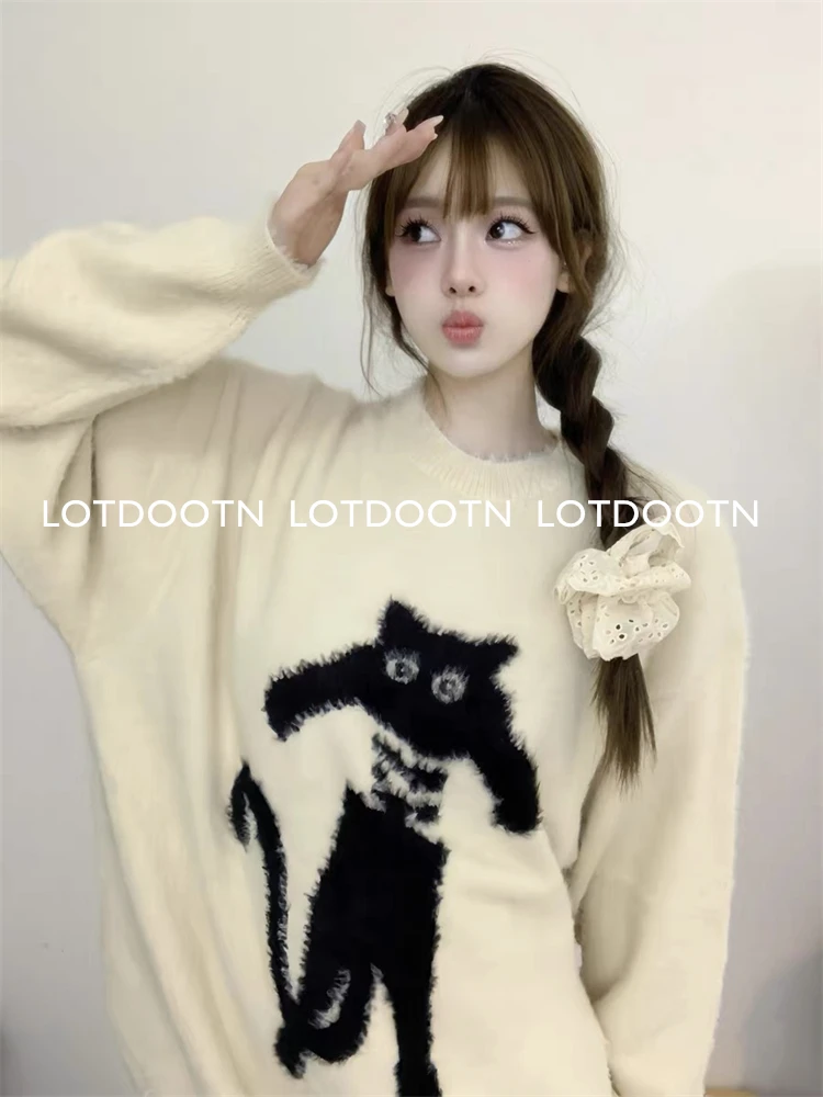 LOTDOOTN Harajuku Y2k Sweaters Women Kawaii Cat Streetwear Knitting Cartoon Soft Sweater Fashion College Loose Pullovers Female