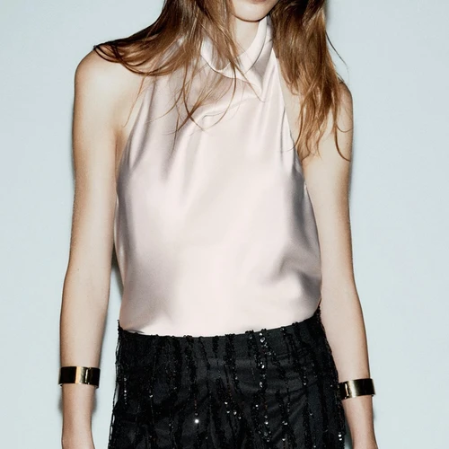 Imagen 2 del producto Camisetas sin mangas con cuello alto y espalda abierta para mujer, camisola Sexy de satén con cuello Halter Y2k, Tops cortos elegantes para salir, fiesta de cóctel