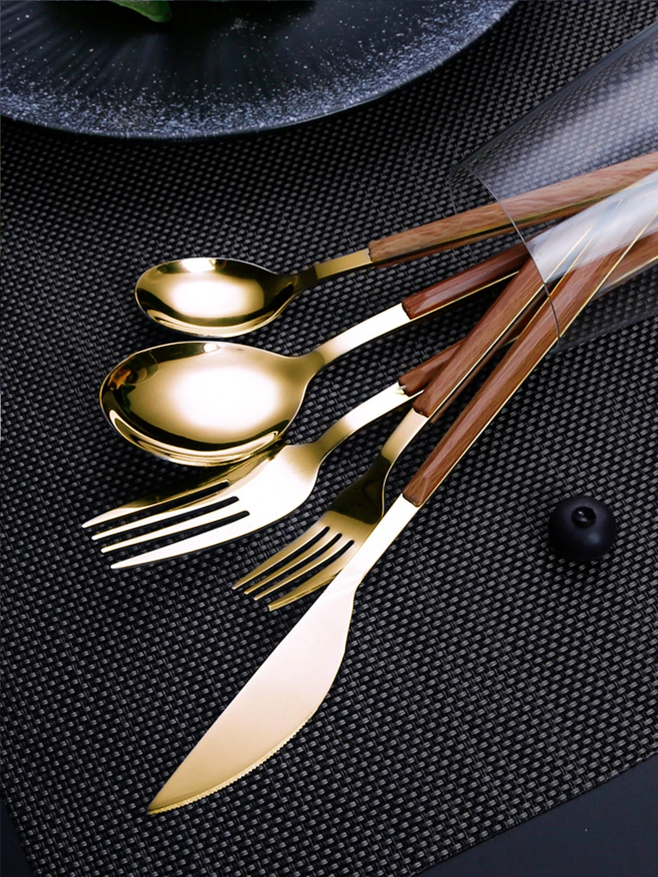5/10/16/24/30Pcs Stainless Steel Imitation Wooden Handle Cutlery Set Dinnerware Clamp Western Tableware Knife Fork Tea Spoon