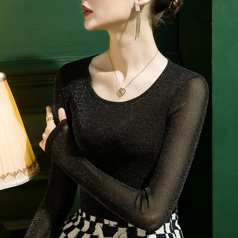 

2025 Spring and Autumn New Style Bright Silk Round Neck Bottoming Women's Mesh Slim Fit Inner Long-sleeved Stylish Shirt
