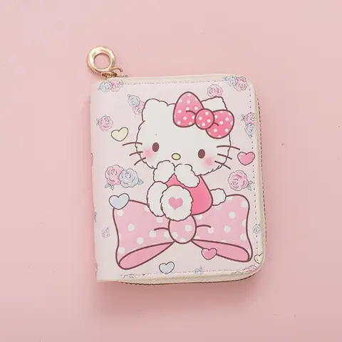 Sanrio 헬로 키티 동전 지갑 귀여운 만화 짧은 지갑 만화 학생 미니 지퍼 숙녀 실용 패션 카와이 동전 지갑