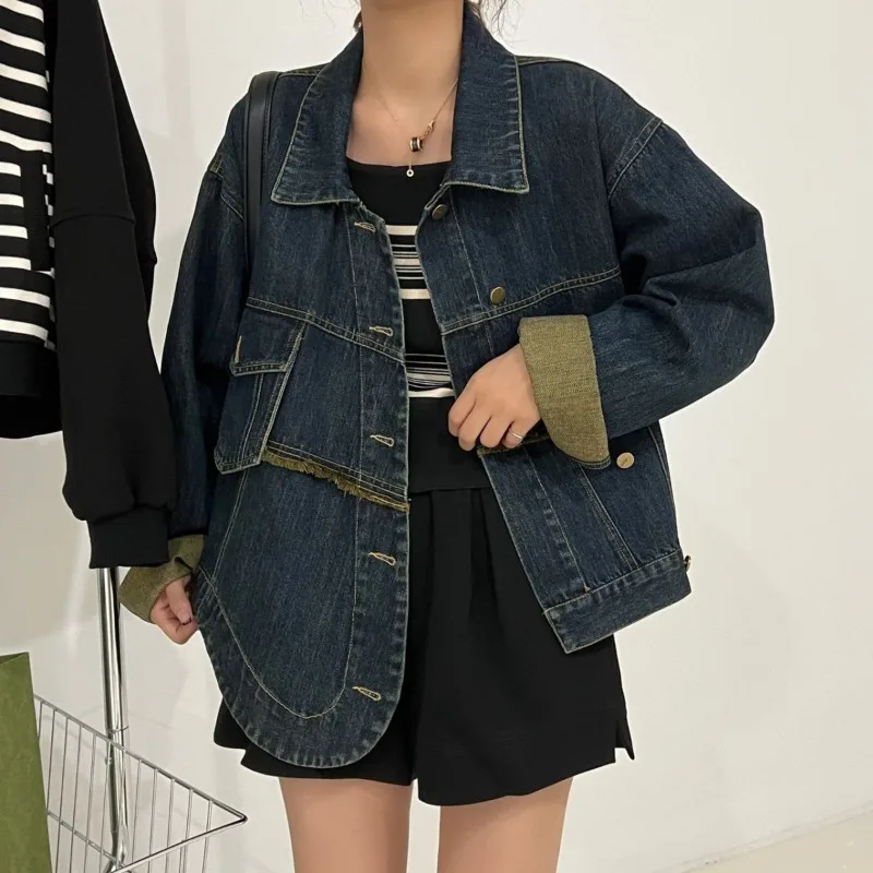 Women's Vintage Loose Denim With Frayed Edges - 2025 Autumn Trendy Asymmetric Collar Short Top Unique Small Batch Design