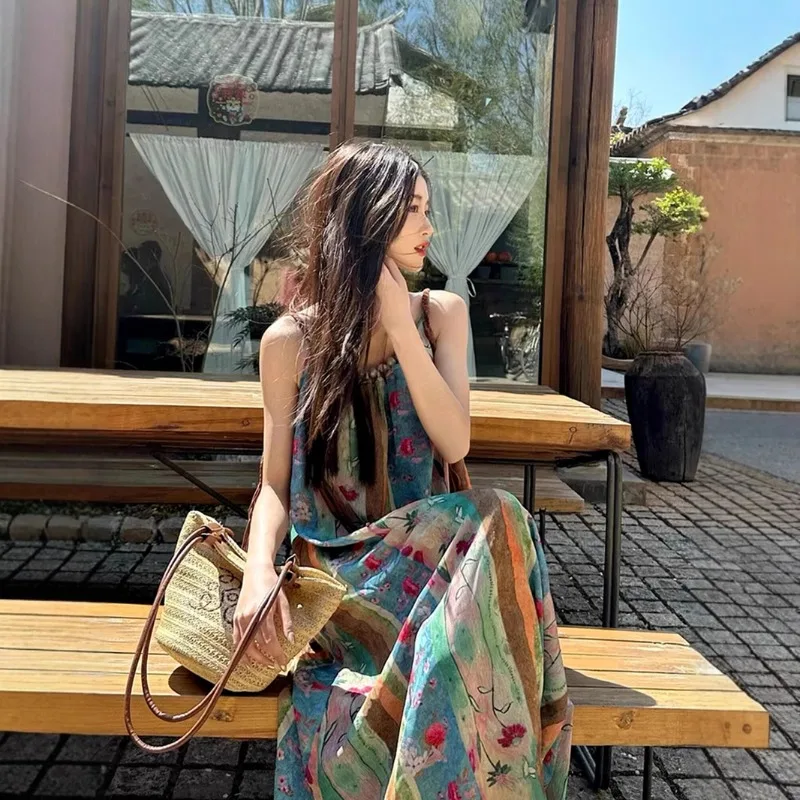 

Vintage Floral Suspender Dress Summer Girl Slim Retro Contrasting Color Vacation Style Beach Long Dresses Y2k Bohemian Vestidos