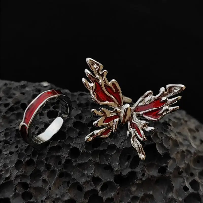 Vintage Goth Red Emaille Schmetterling Unregelmäßigkeit Eröffnungs ringe für Frauen neue trend ige Fingerring Hip Hop Rock Schmuck y2k Geschenk