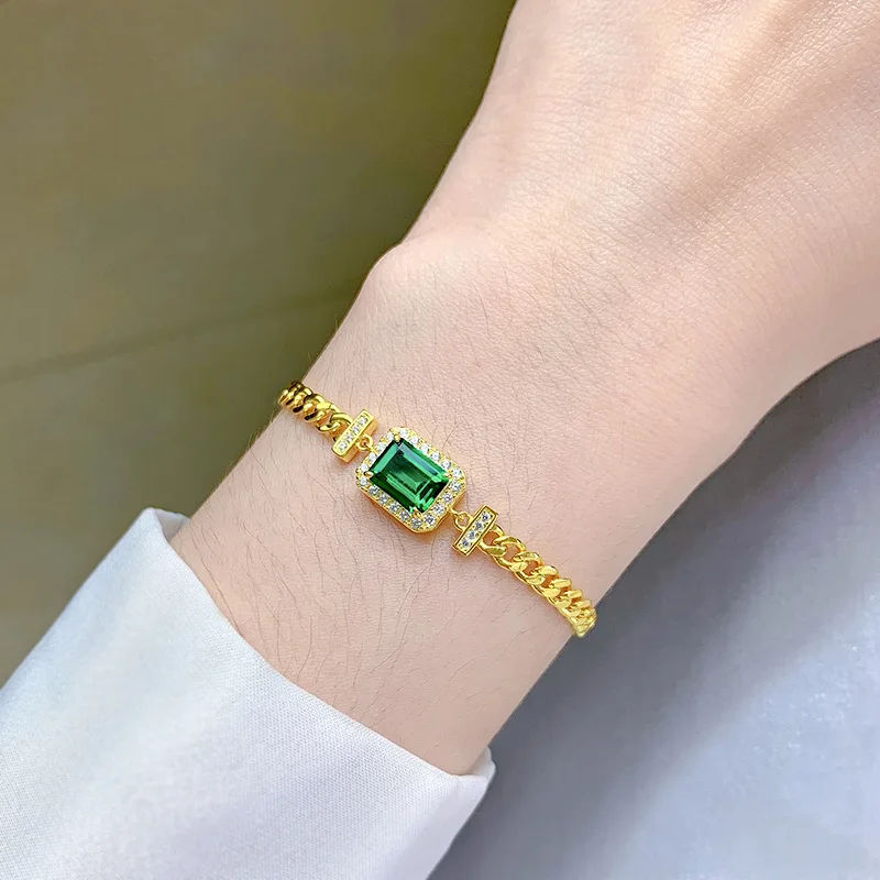 Imagem -06 - Grown Emerald Cuban Chain Bracelet 925 Sterling Silver Charm Bracelets 14k Gold Plated Bangle Fine Jewelry 6x8 mm Lab