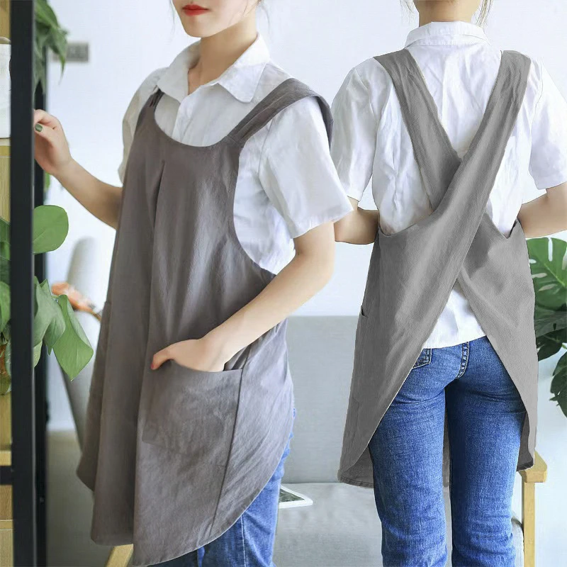 Cross Back Smock Apron With Pockets Cute Gardening Dress Crossed Aprons Home Kitchen Supplies