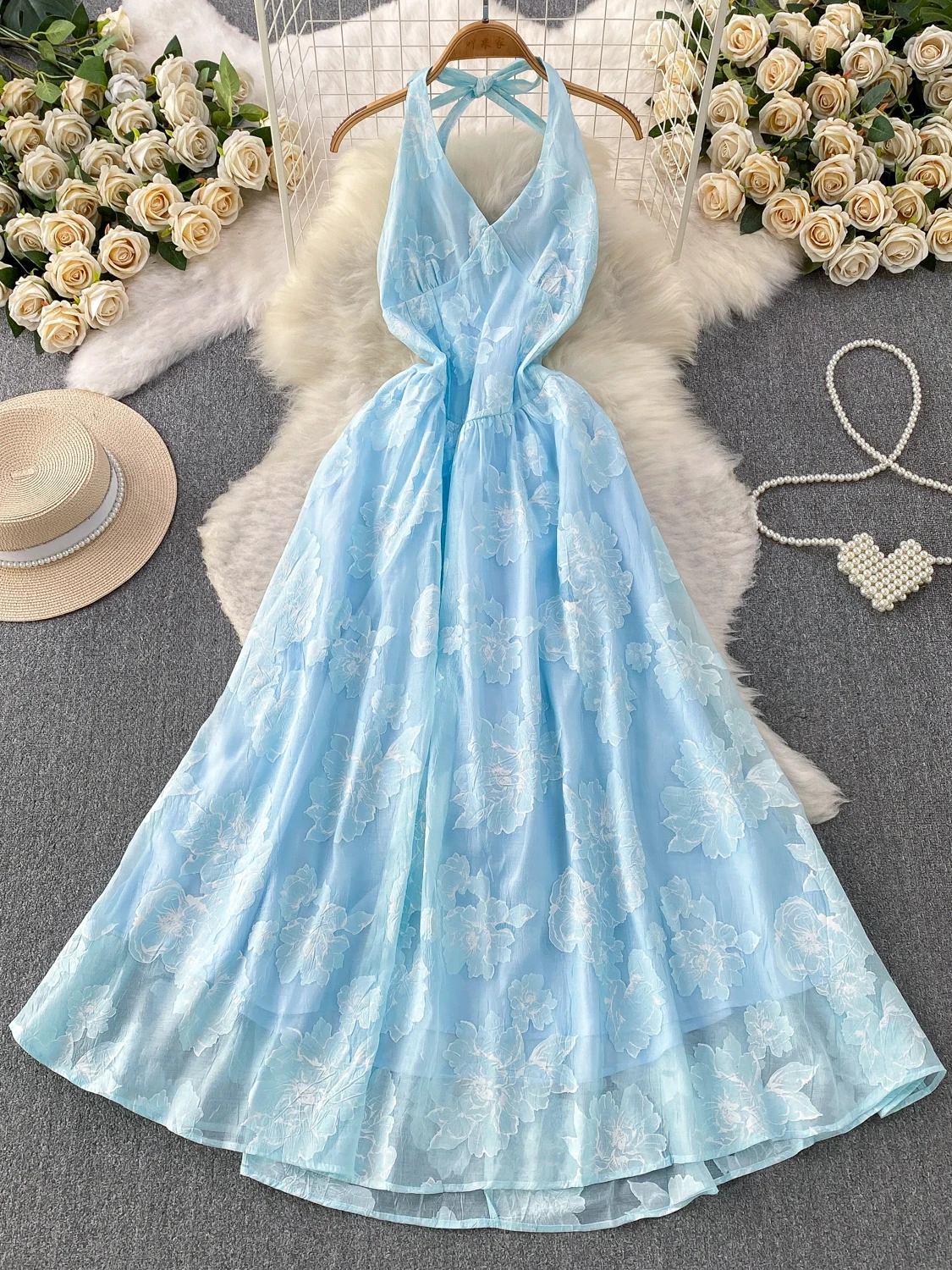 Elegant Purple Floral Embroidery V-Neck Hanging Neck Dress Women's Summer Vacation Style Waist-Cinching Slimming A-Line Long ...