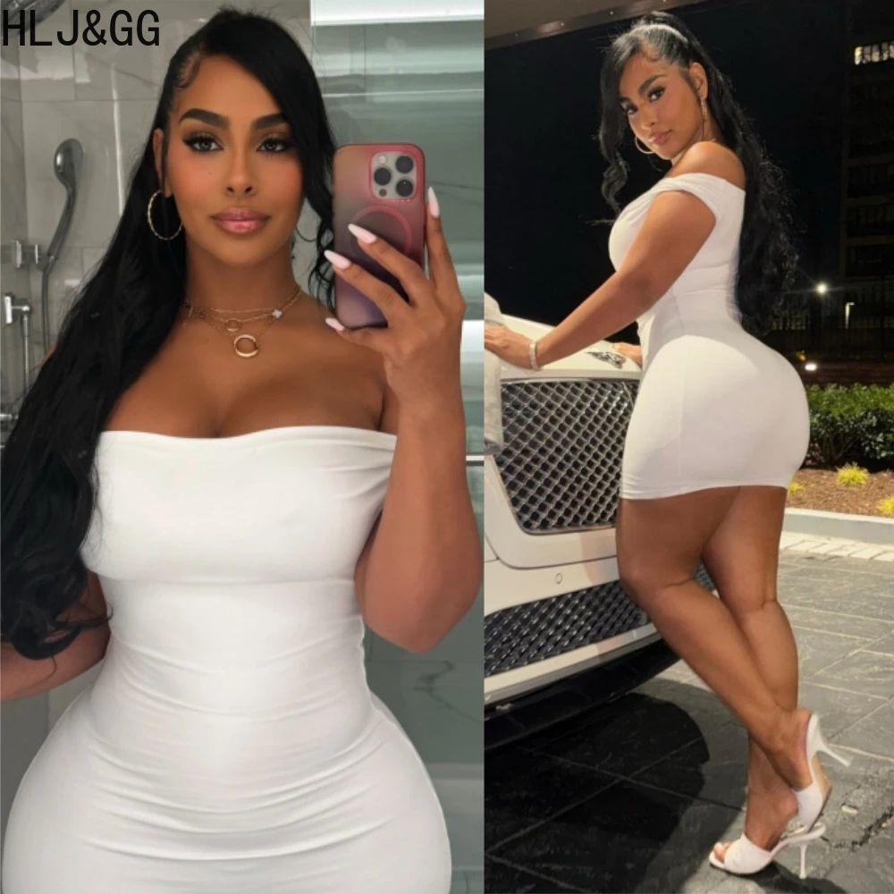 

HLJ&GG White Sexy Off Shoulder Bodycon Mini Dresses Women Sleeveless Backless Solid Slim Vestidos Fashion Hot Girl Streetwear