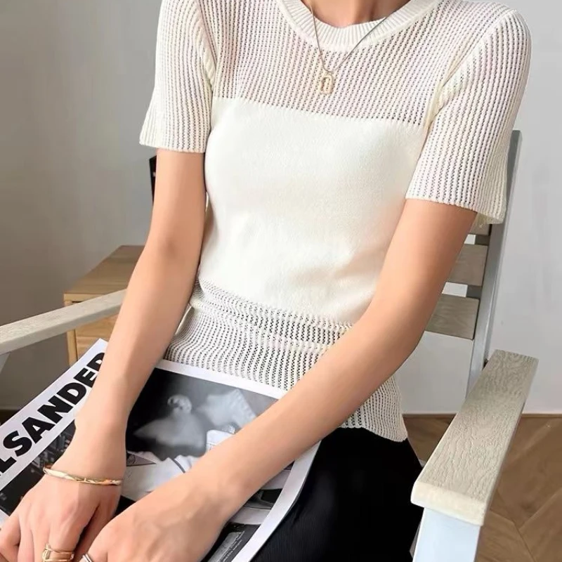 

Basic T-shirt Woman Short Sleeve Hollow Out Round Black Tshirts Slim Fit Knit Tops Female Summer Clothes Tee Shirt Tops Q126