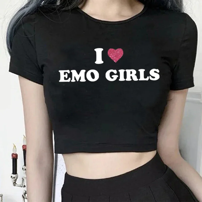 

Укороченные топы I Love Emo Girl Y2k, винтажная графическая футболка с круглым вырезом, Волшебная детская футболка, милые сексуальные топы, женская уличная одежда