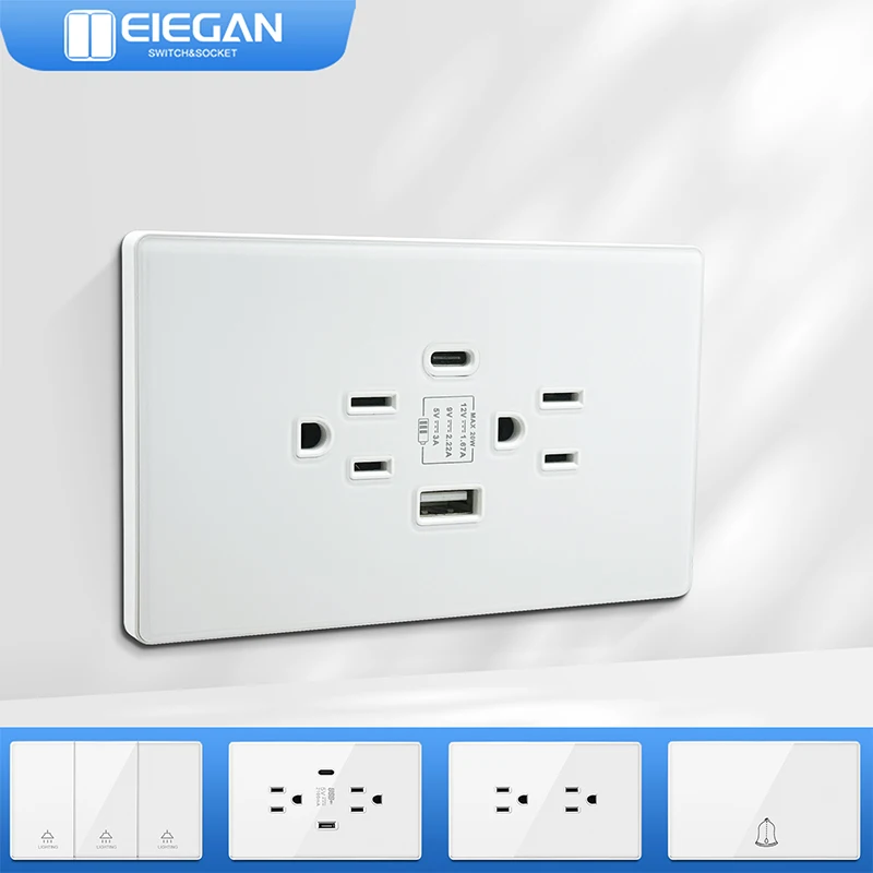 LEGAN Thailand American Standard Dual USB Wall Socket Computer socket Type-c 20W 5V Fast Charging White Tempered Glass Pane