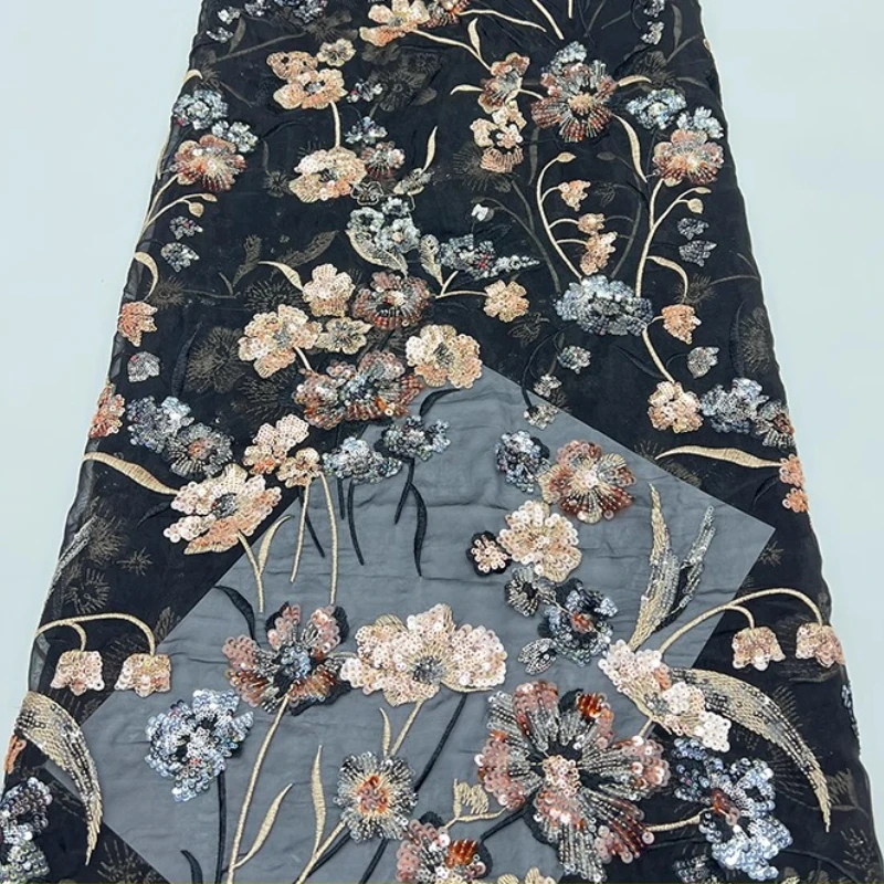 

French black mesh fabric,African sequin flower sequin embroidered lace fabric,girls' dress and children's clothing sewing fabric