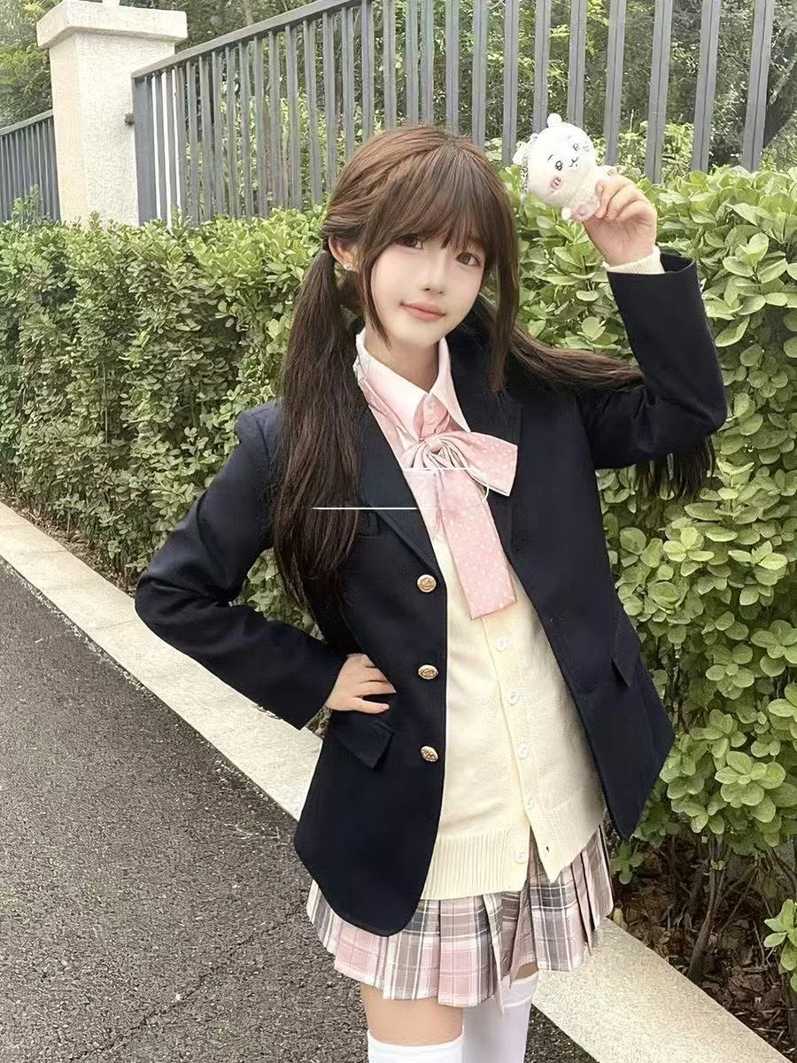 

Autumn Winter JK Uniform Suit Jacket Navy Blue Knitted Inner School Style Pleated Skirt Set Women's Fashion Ensemble