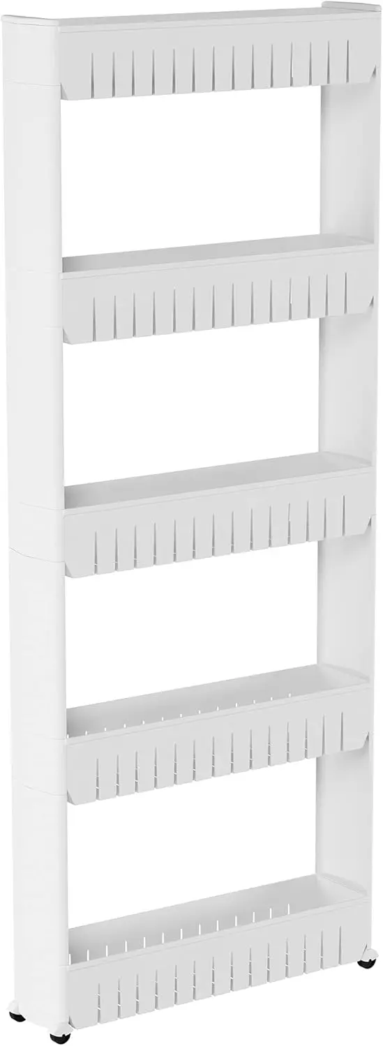 

5-Tier Plastic Pantry Organization Rolling Cart with Baskets for Narrow Spaces 5" D x 21.5" W x 52" H White Set of 1 Slide Rack