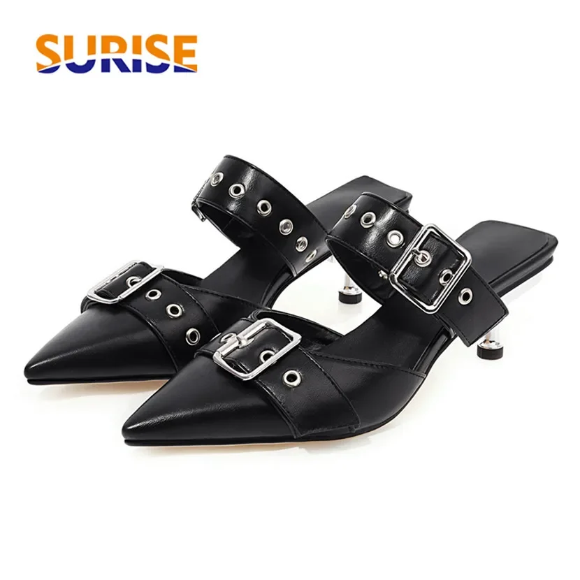 Big Size Women Sandals White Black Microfiber High Metal Heels Mules Pointed Toe Slip-on Summer Lady Eyelet Buckle Punk Slippers