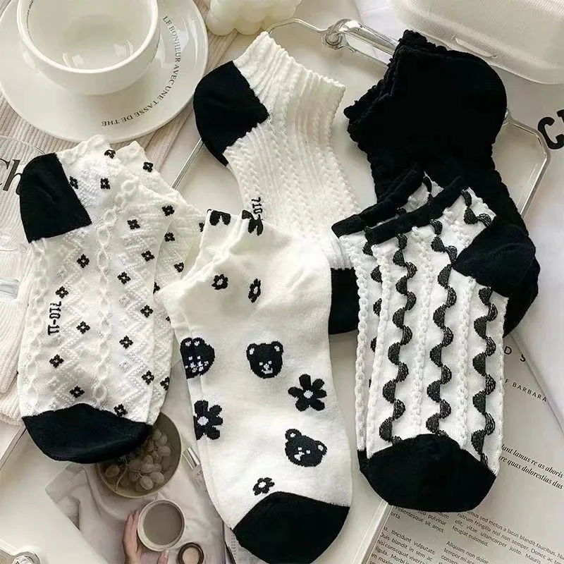 5/10/20 Pairs Women Cartoon Flower Printed Short Socks Cute Sweet Style Soft Comfortable Sweat Absorbing Breathable Casual Socks