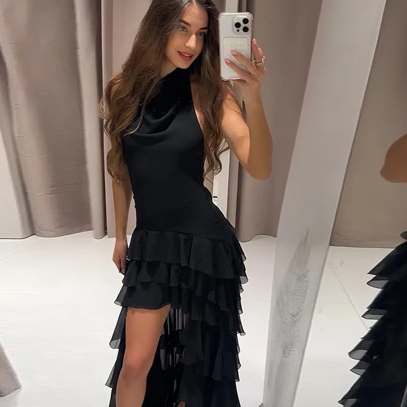 Abito da donna Abiti lunghi da sera a pieghe 2025 Corsetto senza schienale senza maniche Abito asimmetrico in tulle con volant a strati