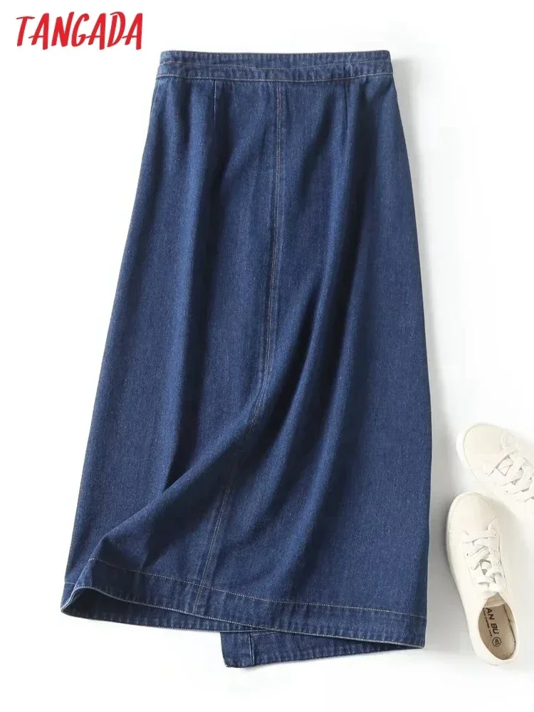 Tangada 2023 Women Vintage Blue Denim Wrap Midi Skirt With Buttons Ladies Chic Midi Skirts 4C274