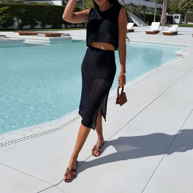 Ensemble deux pièces chemisier et jupe longue, élégant et Sexy, sans manches, col rond, Cover-Up pour bikini, Perspective tricotée, tenues de vacances