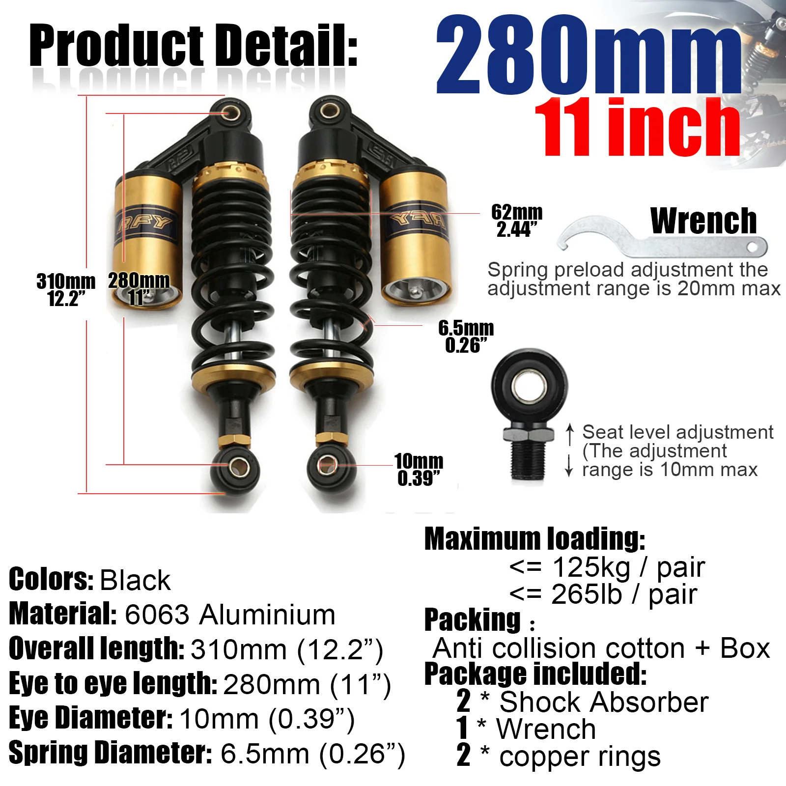 Universal 280mm 320mm 340mm Gabel Runde Luft Stoßdämpfer Hinten Suspension Frühling Roller DirtBike Gokart Quad ATV motorrad D30