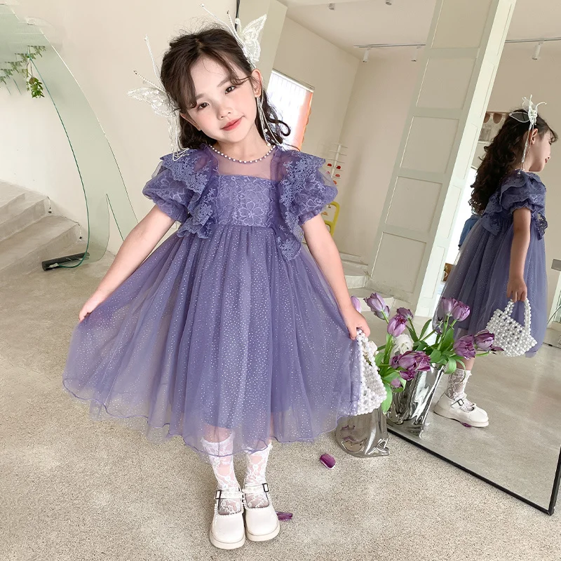 

Girls' dress, stylish summer dress, 2025 new short sleeved baby girl lace dress, Korean version children's princess dress