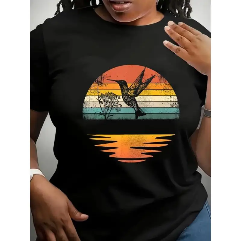 

Women's Vintage Hummingbird Sunset T-Shirt, Retro Nature Graphic Tee, Aesthetic Bird Lover Casual Top, Unique Wildlife Print