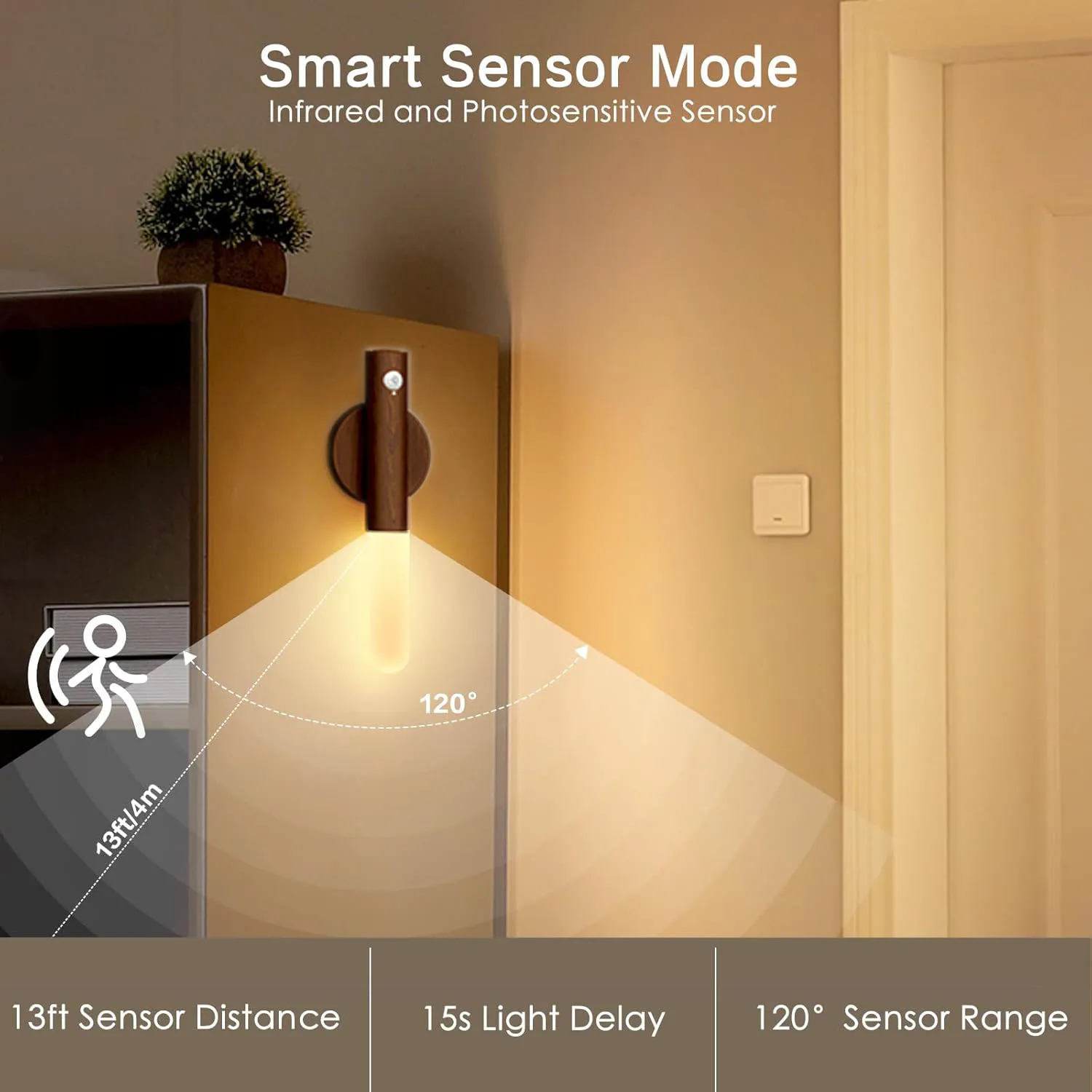 Smart Motion Sensor Night Light Rechargeable LED Wood Wall Lamp Atmosphere Light Portable Design for Corridor Bedroom Stairs view 2