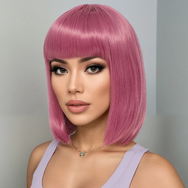 Concert simulation human hair , summer breathable rose net, watermelon pink air bangs wig for women