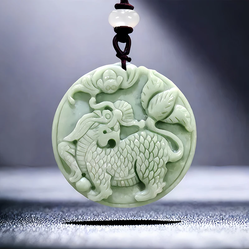 Green Natural Real Jade Kylin Pendant Necklace Talismans Vintage Luxury Accessories Gemstones Amulet Carved Jewelry Fashion