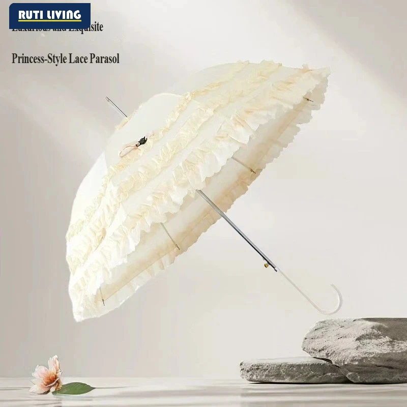 Bridal Umbrellas Lolita Lace Skirt Umbrella Straight Rod Long Handle Skirt Princess Multilayer  Gifts