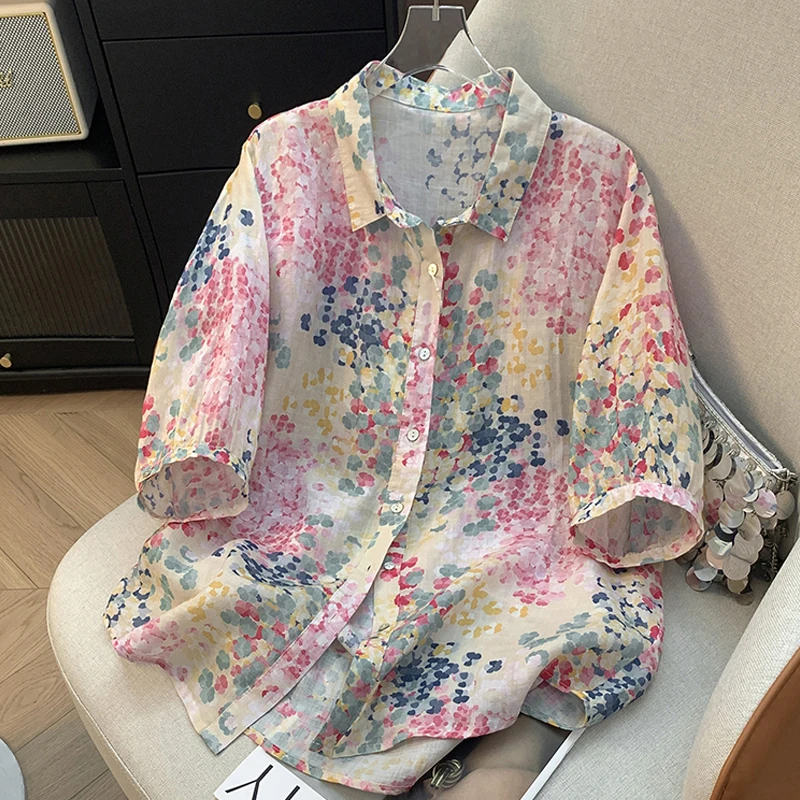 Women's Thin Floral Print Cotton Linen Half Sleeve Shirt Loose Fit Summer Casual Top Short Sleeve Open Cardigan