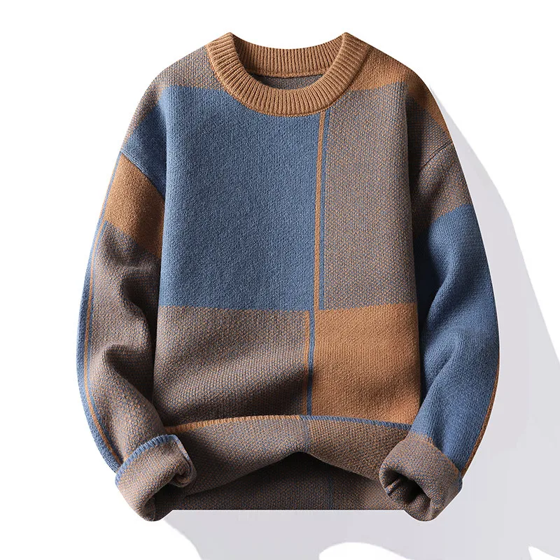 KIDWHXR Man Sweater Autumn Winter Contrast Color Male Thicken Pullovers Streetwear Long Sleeve Men Loose Casual Knitted Tops
