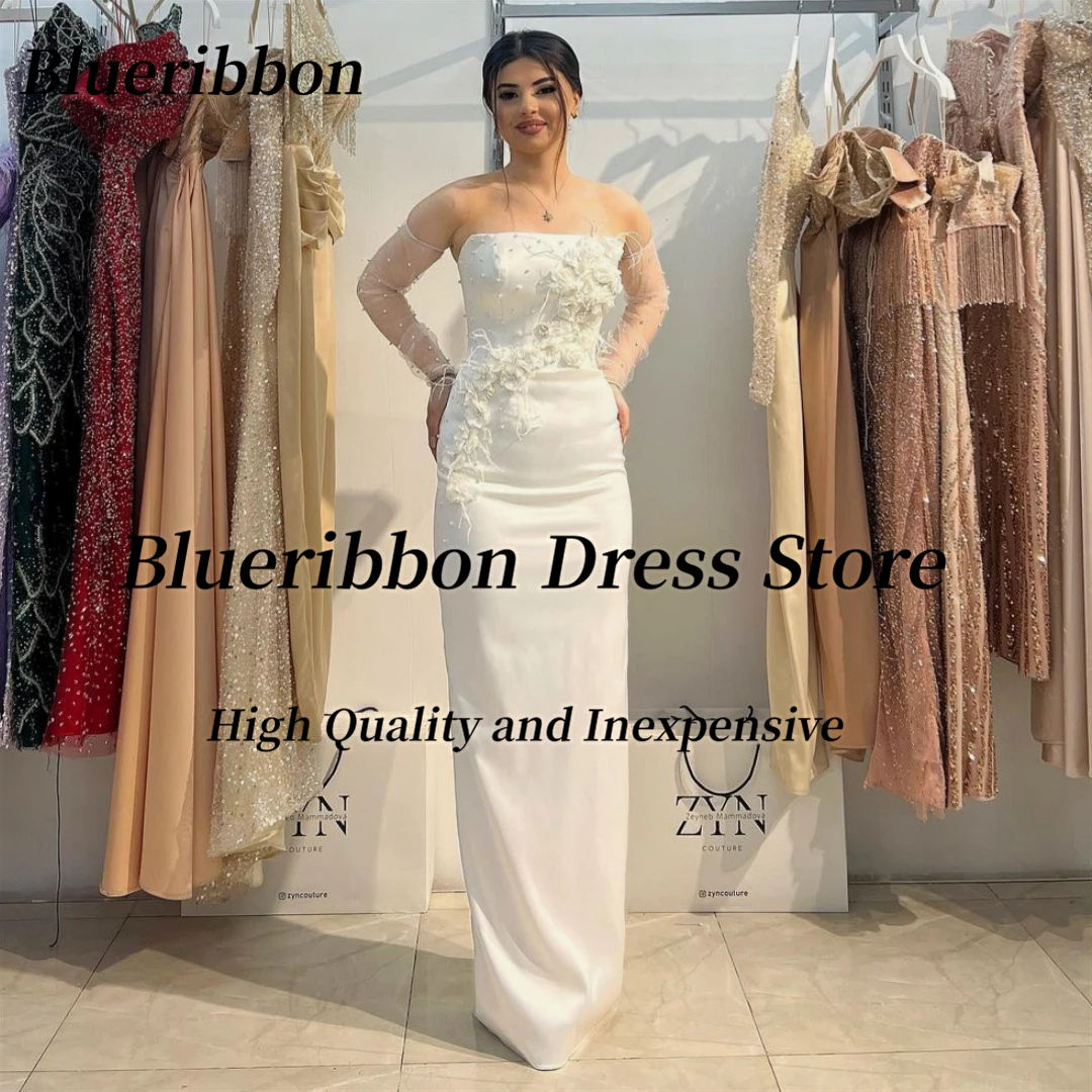 

Blueribbon Bride Wear Sheath Wedding Dresses Strapless Beaded Flowers Vestidos De Noches Tulle Long Sleeves Formal Occasion Gown