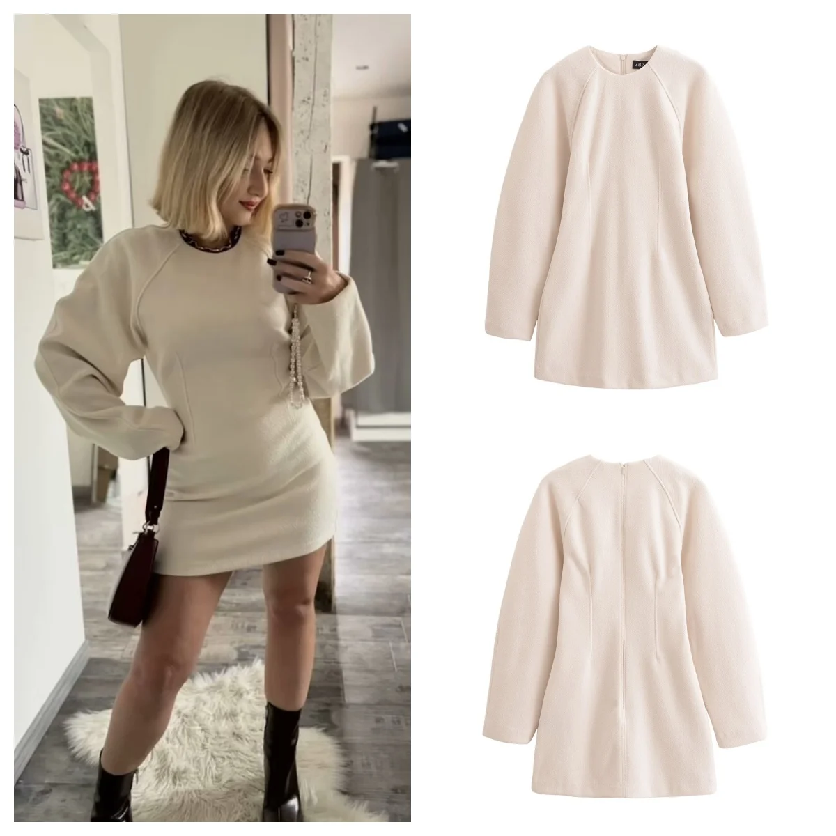 European and American style autumn and winter new round neck bubble long sleeve slim hip dress female fashion all-match casual d