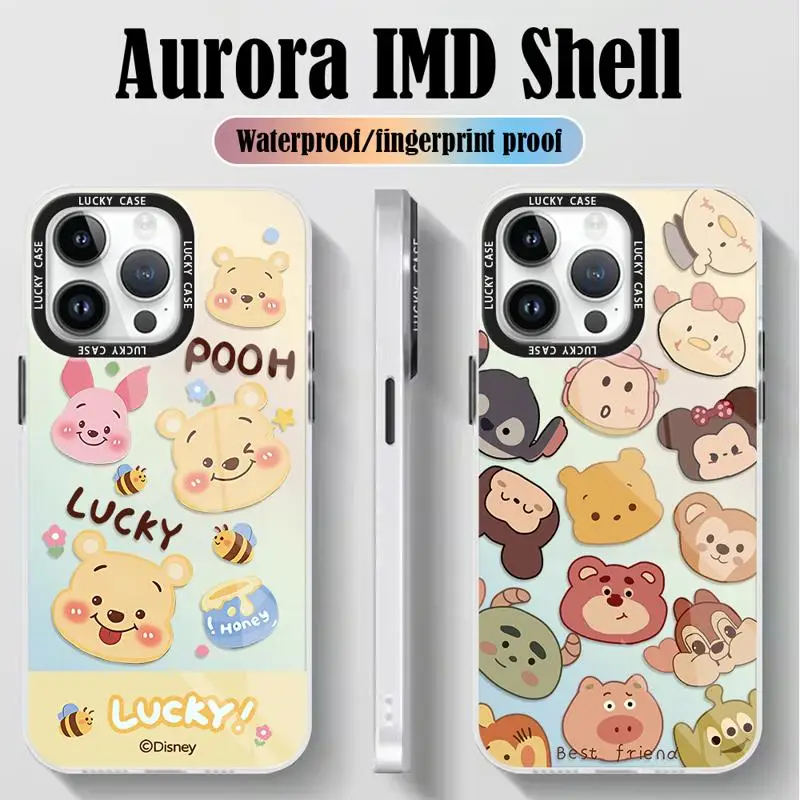 Iridescent Laser Clear Cover for iPhone 15 14 13 12 11 pro Max XS XR X 7 8 Disney Pooh Bear Mickey Friends Gradient Matte Case