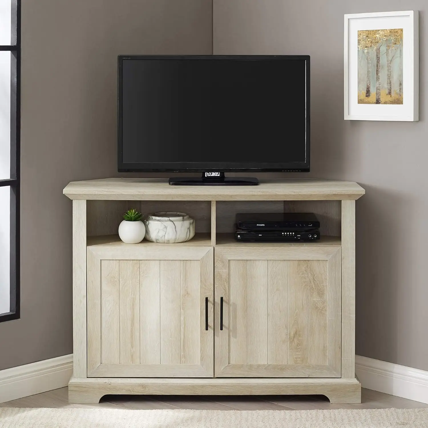 Laredo Modern Farmhouse Double Grooved Door Corner Tv Stand For Tvs Up To 50 Inches, 44 Inch, White Oak