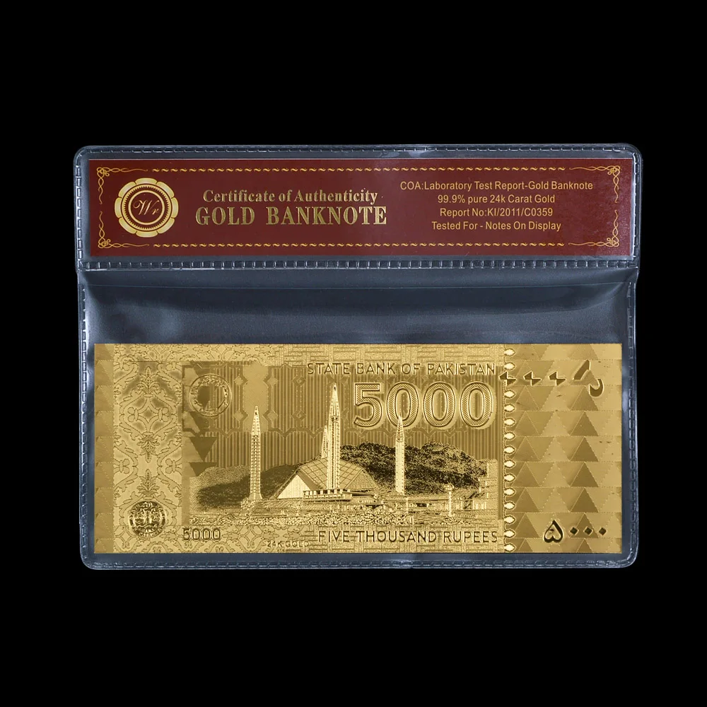 Pakistan Gold Plated Banknote 5000 Rupee with Plastic Commemorative Banknotes Collectible Souvenir Business Gift Home Decor