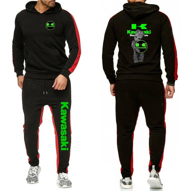 

Men Women Hoodies Suit Kawasaki Motorcycle Graphic Print Fashion Casual Two-piece Set Men Spring Autumn Hoodies+Sports Pants 100