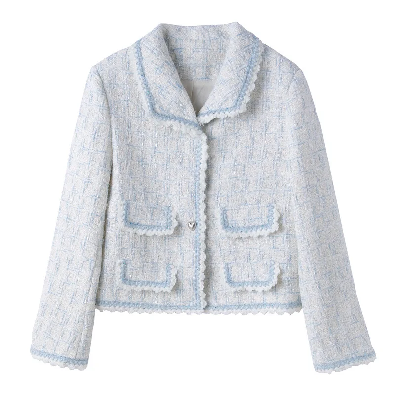 

Women's short lapel tweed jacket 2024 new spring/autumn loose fitting small fragrant cardigan top