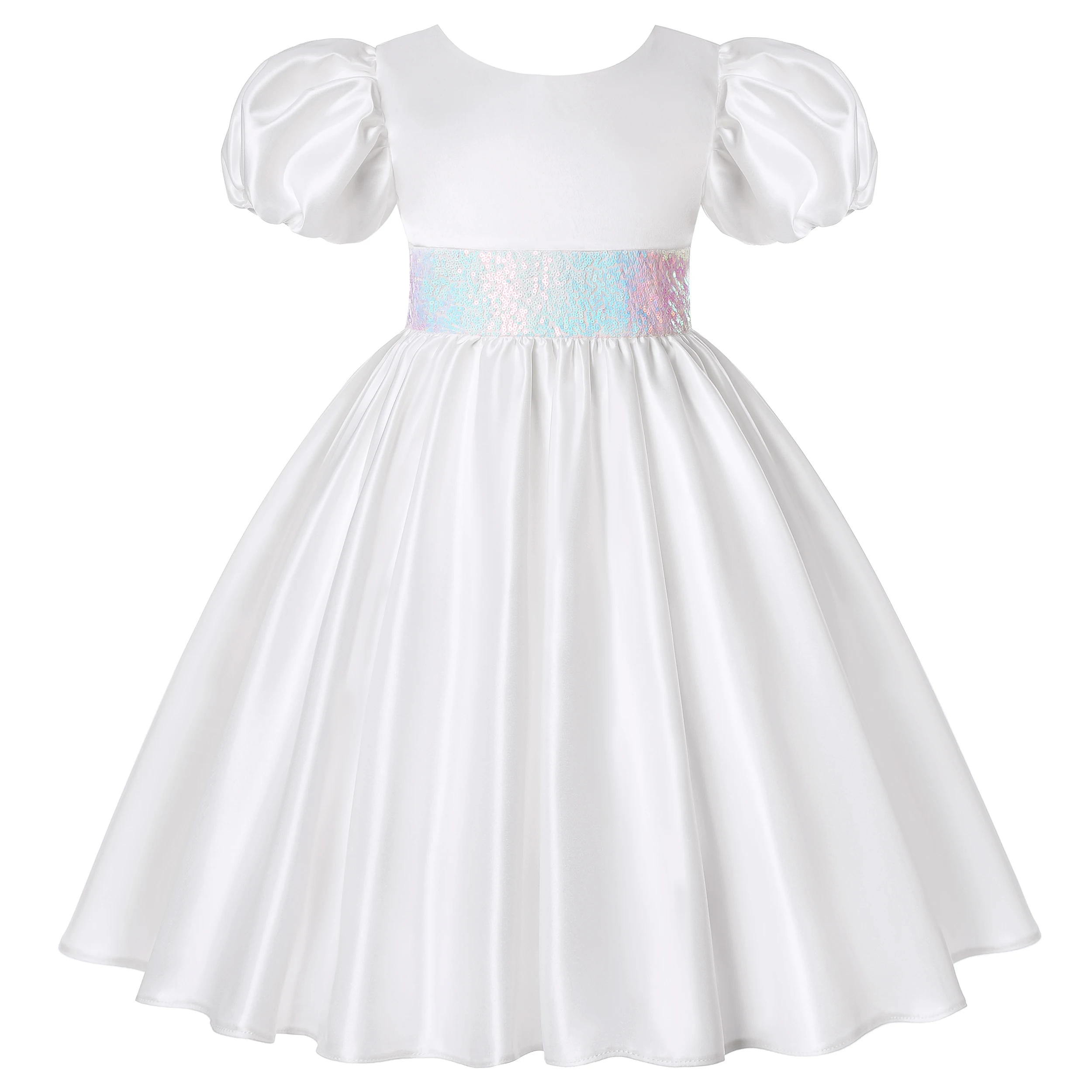 

sequined bow belt, puff sleeve children's pure white bridesmaid dress, wedding and party dress, flower girl costume