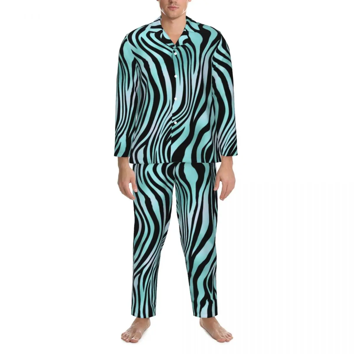 

Zebra Stripe Turquoise Teal Pajama Set Animal Print Fashion Sleepwear Couple Long Sleeves Aesthetic Leisure 2 Pieces Nightwear