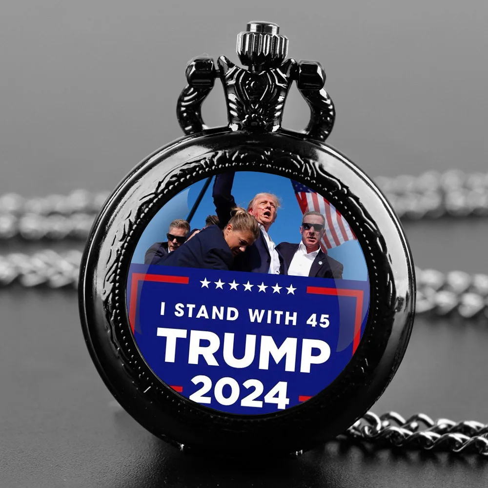 Trump 2024 Glass Dome Vintage Arabic Numerals Quartz Pocket Watch Necklace Pendant Clock Chain Men Women Supporter Fans