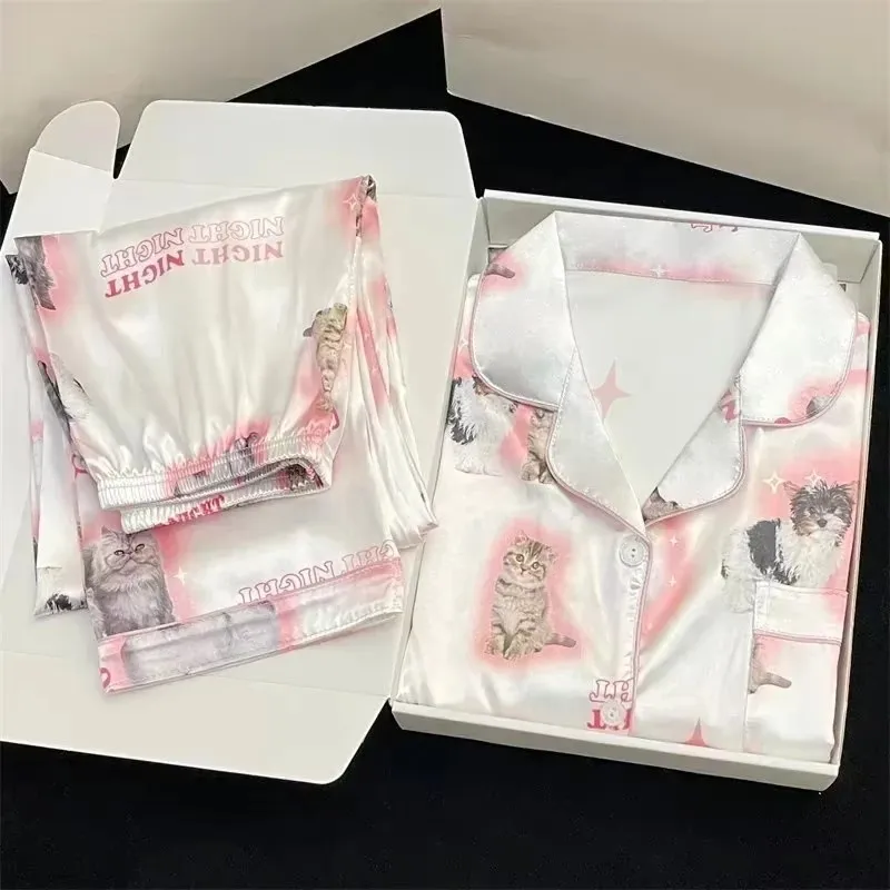 

Kawaii Youth Girl's Pjs Satin Homewear Long Short Fashion Pyjama Cute Cat Print Summer New Thin Pajamas for Women Silk Home Set