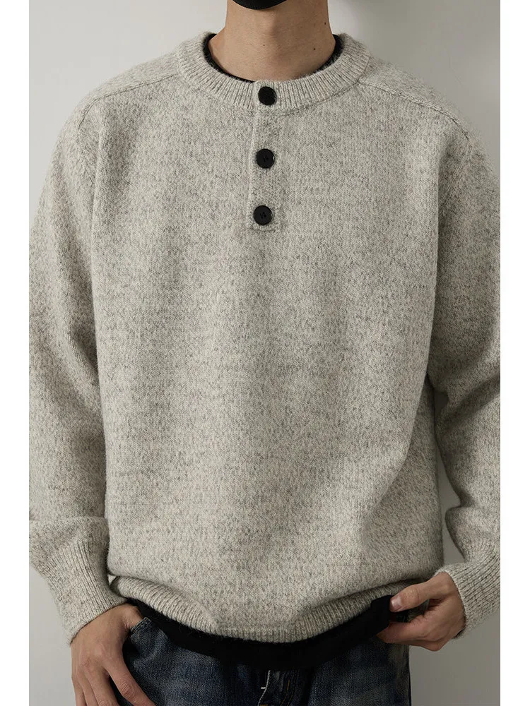 

Мужской вязаный свитер с воротником хенли, свободного кроя, осенне-зимний, винтажный, комфортный, с длинным рукавом, для повседневной носки