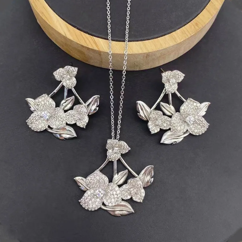 Vanifin Necklace with Earrings Exquisite 3 Petal Flower Micro Inlay Zirconia For Woman Banquet Luxury Best Gift Jewelry