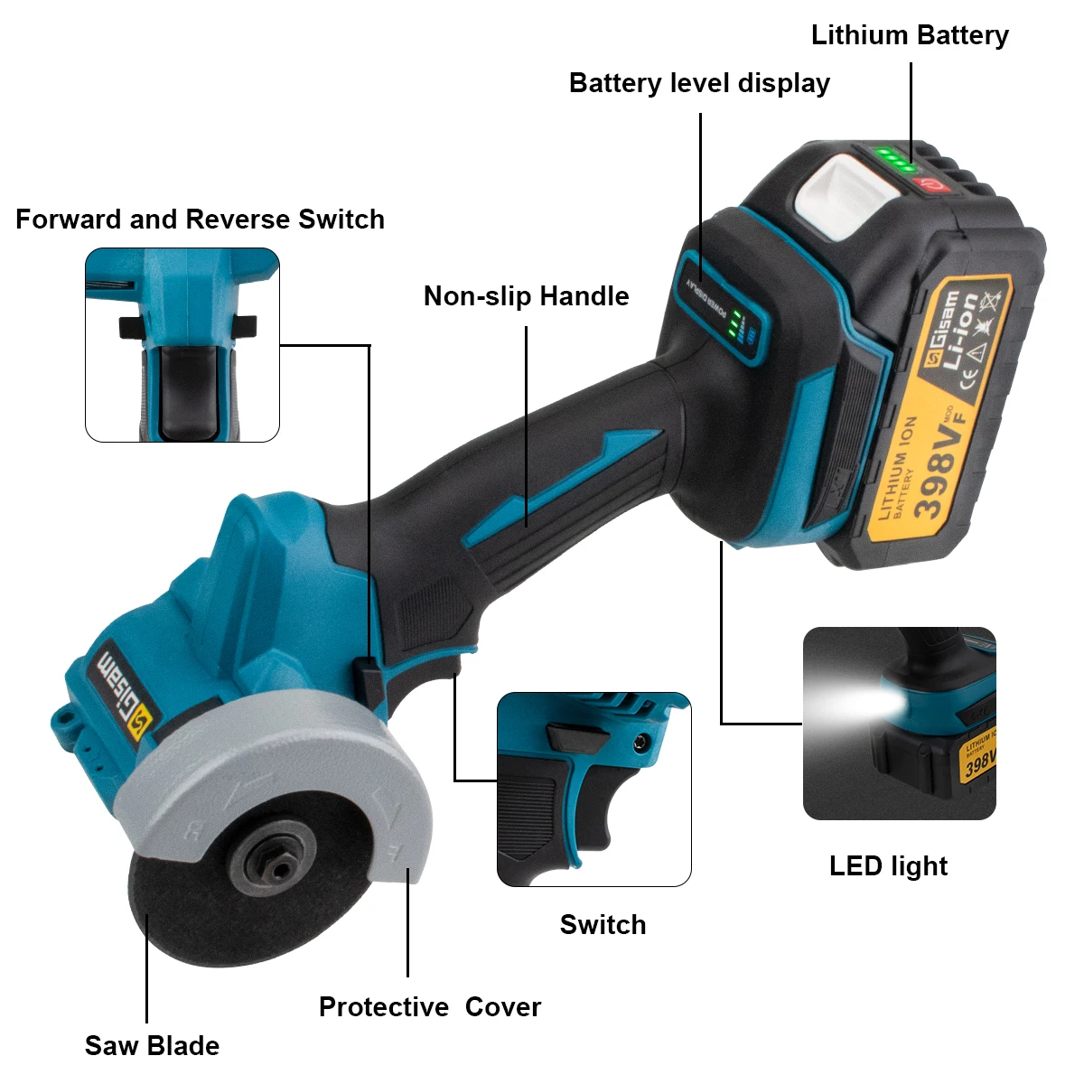 Gisam 76mm Brushless Angle Grinder Grinding Cutting Machine Cordless Electric Angle Grinder Power Tools for Makita 18V Battery